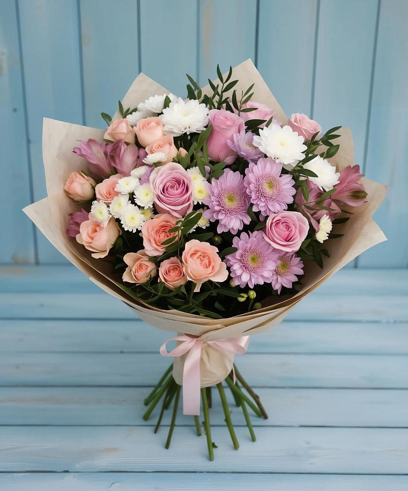 Букет цветов из: Хризантемы, Розы и Альстромерии в Каргополе