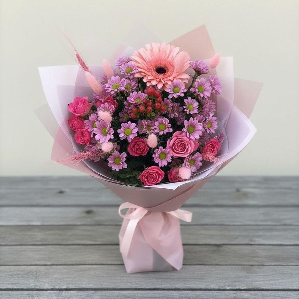 Букет цветов из: Розы, Герберы и Хризантемы в Каргополе