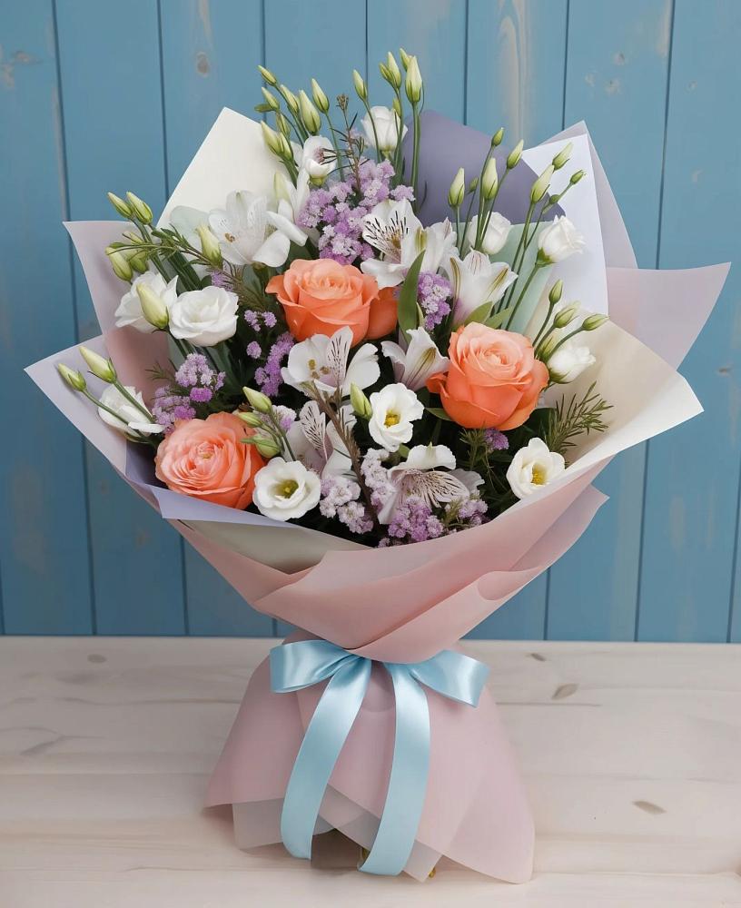 Букет цветов из: Лизиантусы, Розы, Альстромерии и Гипсофила в Каргополе