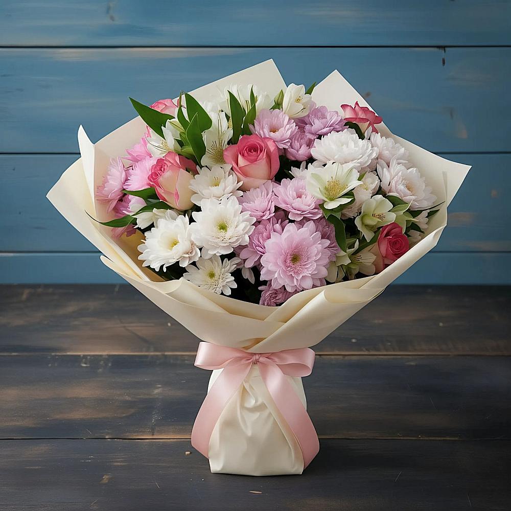 Букет цветов из: Хризантемы, Альстромерии и Розы в Каргополе